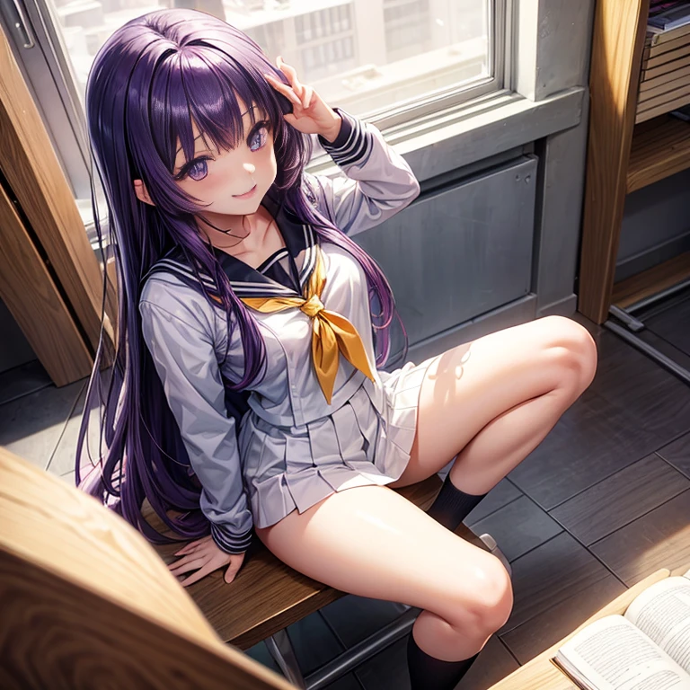 1 girl, Long Midnight Purple Hair, Golden Light Eyes, Sit in class, White School Modern Uniform, anime,smile,naked blowjob