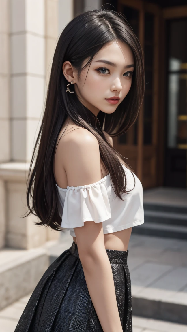 The Chinese woman in the photo is wearing a fashionable white sleeveless top and skirt. Her long hair is smooth and straight, and she has a full body photo off the shoulder. She stands in front of a pure white background with the capital letter "happy" on the back, with a simple and modern design. Her attire showcases the simple beauty of modern urban women, as well as the elegant figure highlighted through the cutting of clothing. The woman's facial features are delicate, her skin is fair, and her eyes exude a unique confidence and depth, as if she can penetrate the viewer's soul. Her eyes are bright and lively, and her long eyelashes and carefully crafted makeup highlight her eye expressions, making it unforgettable at a glance. Her lip color is vivid, adding a touch of vitality to the entire image. From her confident posture, the woman smiled as if she had full self-awareness of her charm. Her shoulders have smooth lines, and the gentle side of her head and neck exudes an elegant beauty. The entire design, whether it is the choice of hairstyle or the combination of accessories, reveals her attention to details, reflecting her taste and pursuit of beauty. 