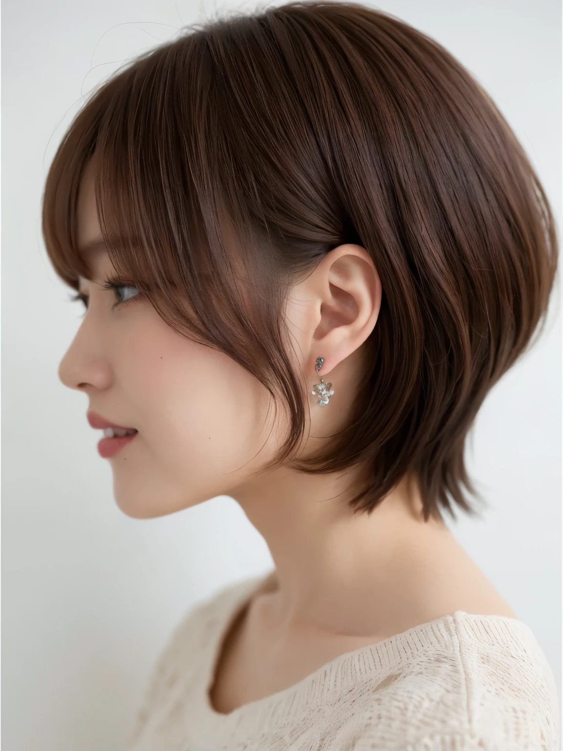 white concrete background、(8K、Raw photo、highest quality、masterpiece:1.2)、High-definition RAW color photo、professional photos、(realistic、フォトrealistic:1.37)、Shot in natural light、1 girl、laughter、(Versatile poses)、squat、squat、break (Ombre:1.3) 、Winter clothes、 necklace、pastel clothing、(Beautiful profile:1.3)、Don't look at the camera、profile、shortcut、((brown hair)、short hair、Eye color dark brown、(Beautiful profile:1.3)、correct hand of human body、Simple piercing