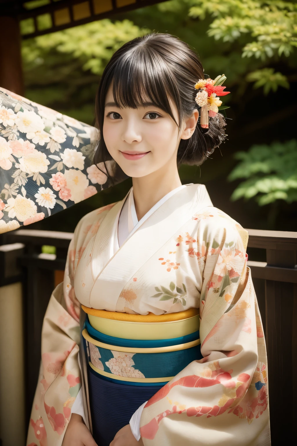 (realistic:1.3), in detail, quality, Rembrandt&#39;s light masterpiece:1.2), (photorealistic:1.2), (best quality), (fine skin:1.3)、bangs、black haired、Kyo Yuzen、(kimono, Furisode、Japanese style floral pattern:1.5)、(Super cute face with idol style:1.4)、slim and beautiful body、beautiful breasts、laughter、Full body Esbian:1.2、fur trim、(bright sunny day, Japanese shrines, null, torii),