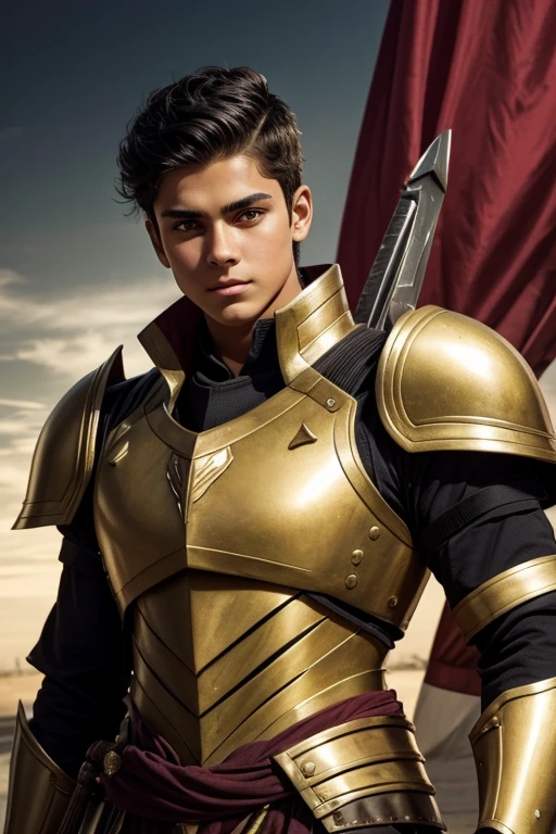 a young male, 18 years old, {{{lightly tanned skin and short but voluminous and spiky black hair with green eyes with an athletic body}}}, {{{with light red armor and gold details}}}, {{{ holding the armor's helmet}}}, {{{does not have the helmet on his head}}}