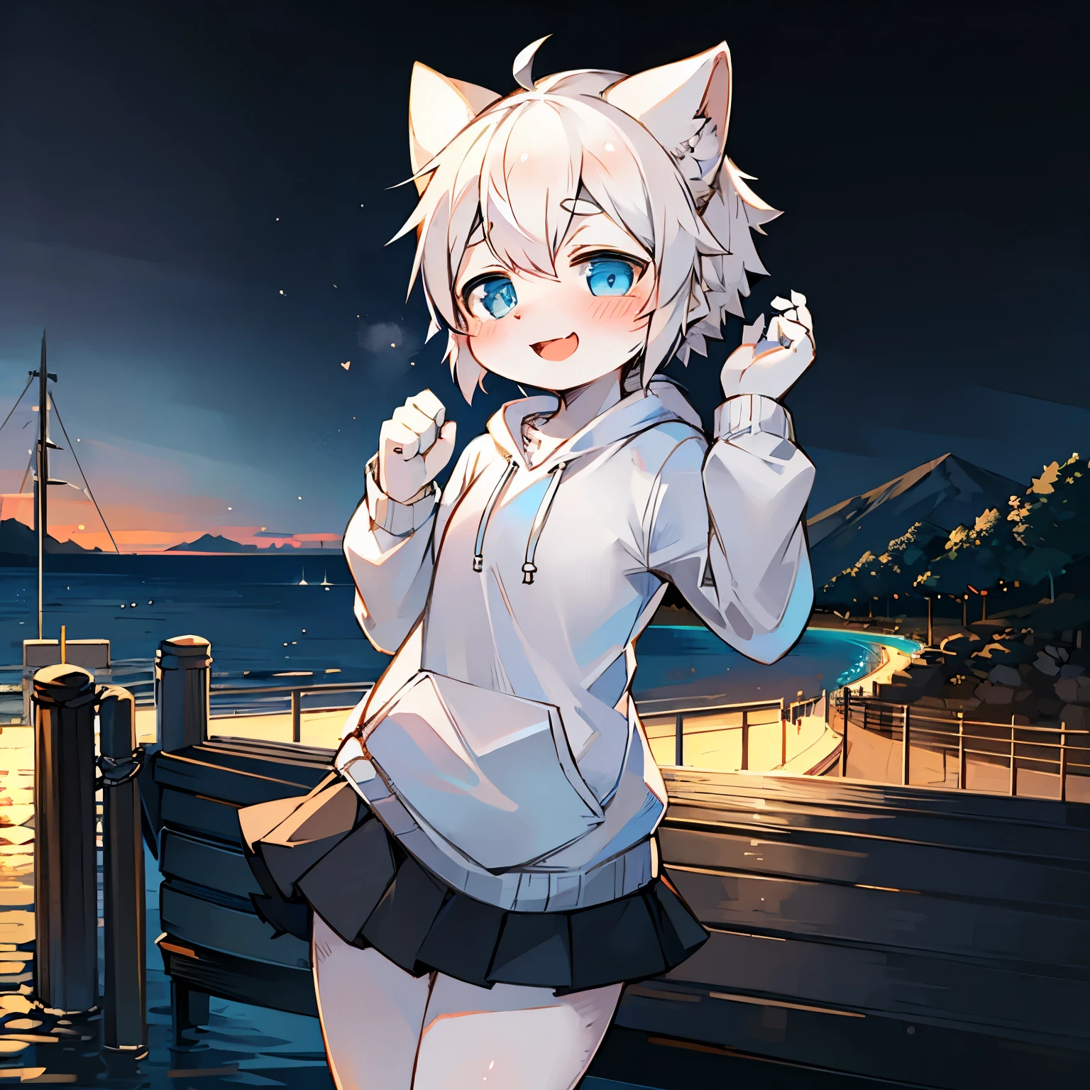 Solo, kemono, femboy, white hair, light blue eyes, wear white hoodie, wear black skirt, blushes, smile open mouth, stand on pier, ocean behind, yacht and boat on ocean background, high details, night time
