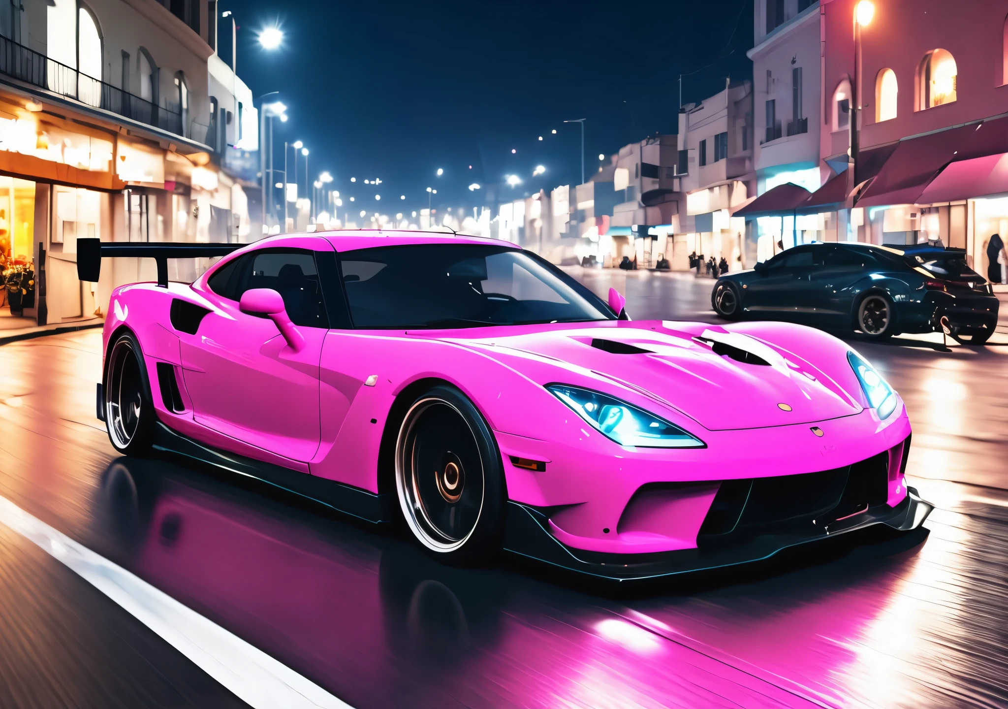 arafed pink carro esportivo driving down a city street at night, neon glow, Rosa neon and black color scheme, illuminated neon, neon glowing, Rosa neon, Rua Neon, pink vibe, Neon Night, black neon, poder rosa, carro esportivo, carro esporte, nice colors, neon cyberpunk cores vibrantes, rosa vibrante, luzes neon rosa