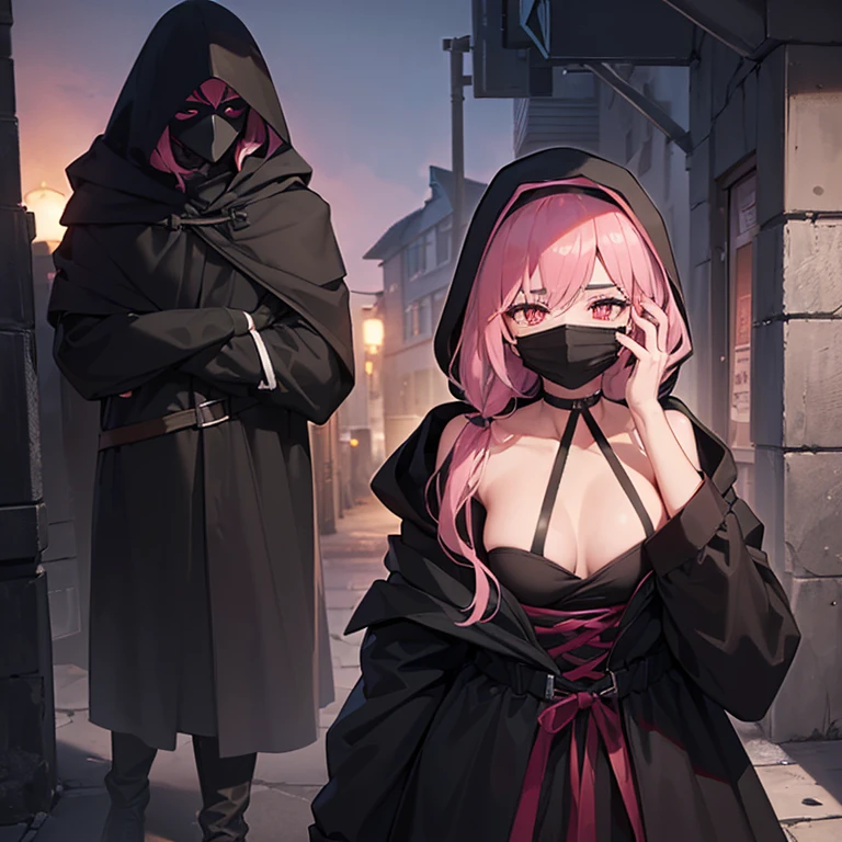 (((1 Woman with a hood covering her face and a mask, with a black cloak covering her body)), black hair, pink eyes, bare and protruding breasts and small, standing in a tight alley at night