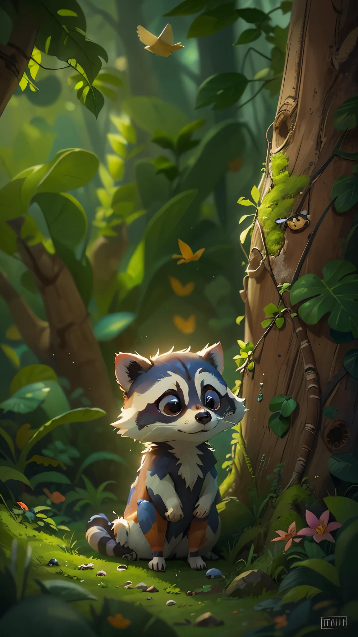 A cute little raccoon,playing in the woodront view, close up, Pixar cinematic style, best quality, movie stills, very cute, big eyes, Birds and flowers around, Rainforest,