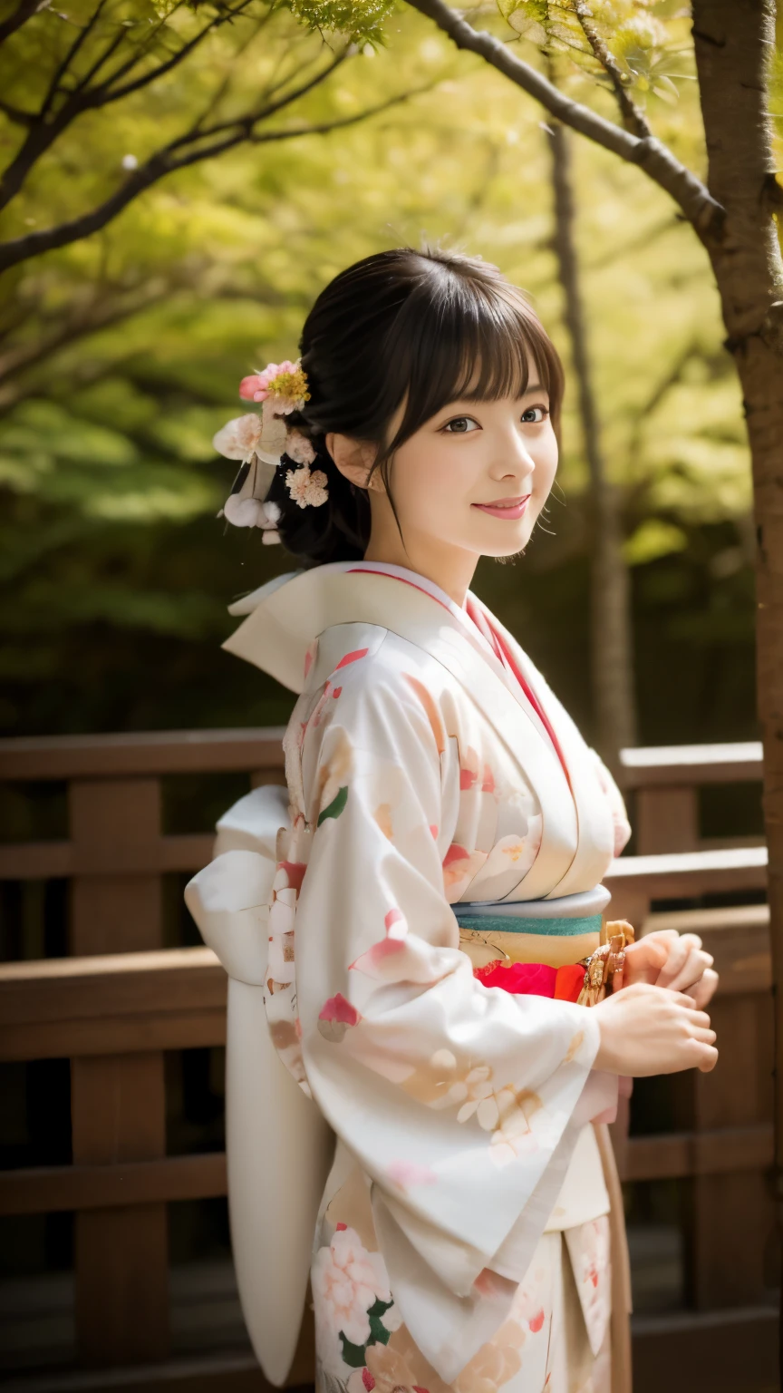 (realistic:1.3), in detail, quality, Rembrandt&#39;s light masterpiece:1.2), (photorealistic:1.2), (best quality), (fine skin:1.3)、bangs、black haired、Kyo Yuzen、(kimono, Furisode、Japanese style floral pattern:1.5)、(Super cute face with idol style:1.4)、slim and beautiful body、beautiful breasts、laughter、Full body Esbian:1.2、white fur scarf:1.3、(bright sunny day, Japanese shrines, null, torii),