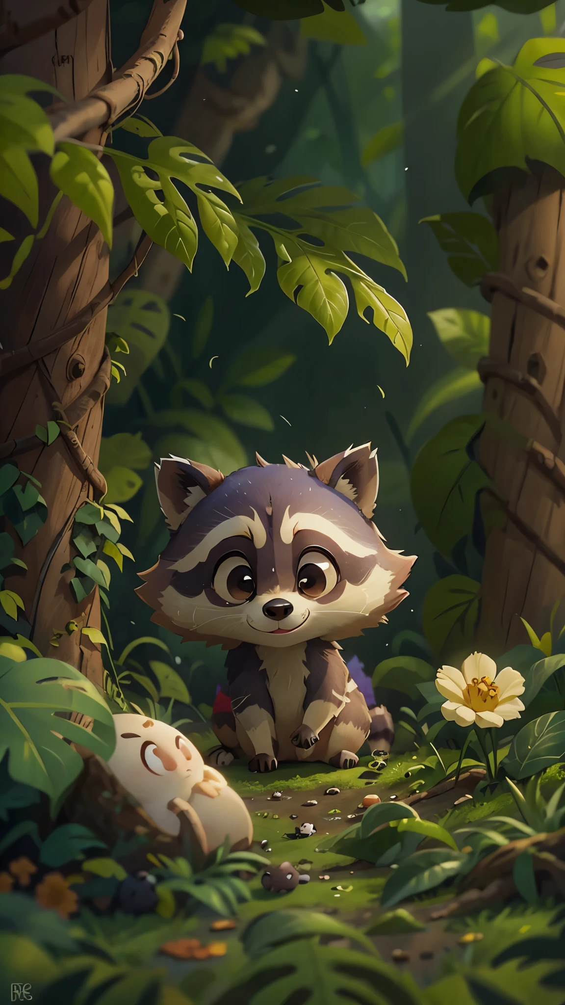 A cute little raccoon，playing in the woodront view, close up, Pixar cinematic style, best quality, movie stills, very cute, big eyes,  Birds and flowers around,  Rainforest,
