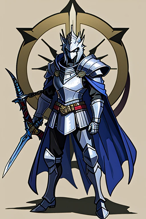 １male、Metal armor、full body armor、without a helmet、Full Plate Mail、chain mail、Chainmail、One-handed sword、Broadsword、rhombus shield、blue cloak、stubble、Holding up a sword、winged lion emblem、wilderness