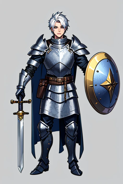 １male、Metal armor、full body armor、without a helmet、Full Plate Mail、chain mail、Chainmail、One-handed sword、Broadsword、rhombus shield、blue cloak、stubble、Holding up a sword、winged lion emblem、wilderness