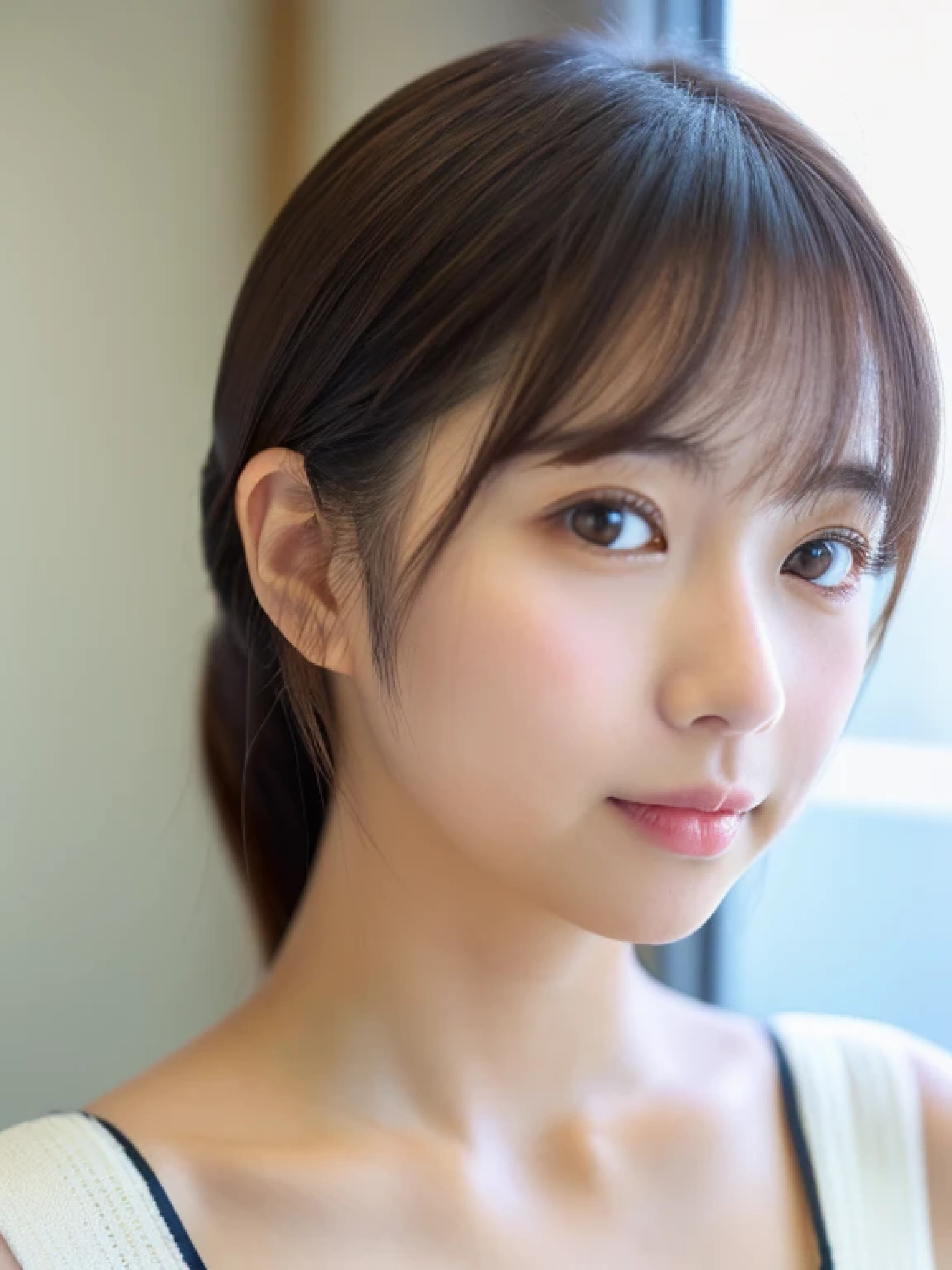 ((cute日本の女の子、beautiful japanese girl、1 girl、clear、19 years old、ponytail、Highly detailed face and skin texture、refinement、super detailed face、highly detailed eyes、Lee Hong、blush、cheek、ピンクのcheekを塗ったcheek、close-up of woman、 from the neck up、 Close to the camera、 positive face、Forward-facing body、look at the camera、front、cute、smooth white skin、Transparent skin texture、))、(dark brown hair、bangs)、beautiful woman with perfect style：1.4、japanese model、young gravure idol、若いcuteグラビアアイドル、Realistic young gravure idol、refinementされたグラビアアイドル、((highest quality、8K、masterpiece:1.3、１photograph))、(4K、RAWphotograph、highest quality)、(realistic、フォトrealistic:1.37)、place someone on the other side of the screen、Natural light、