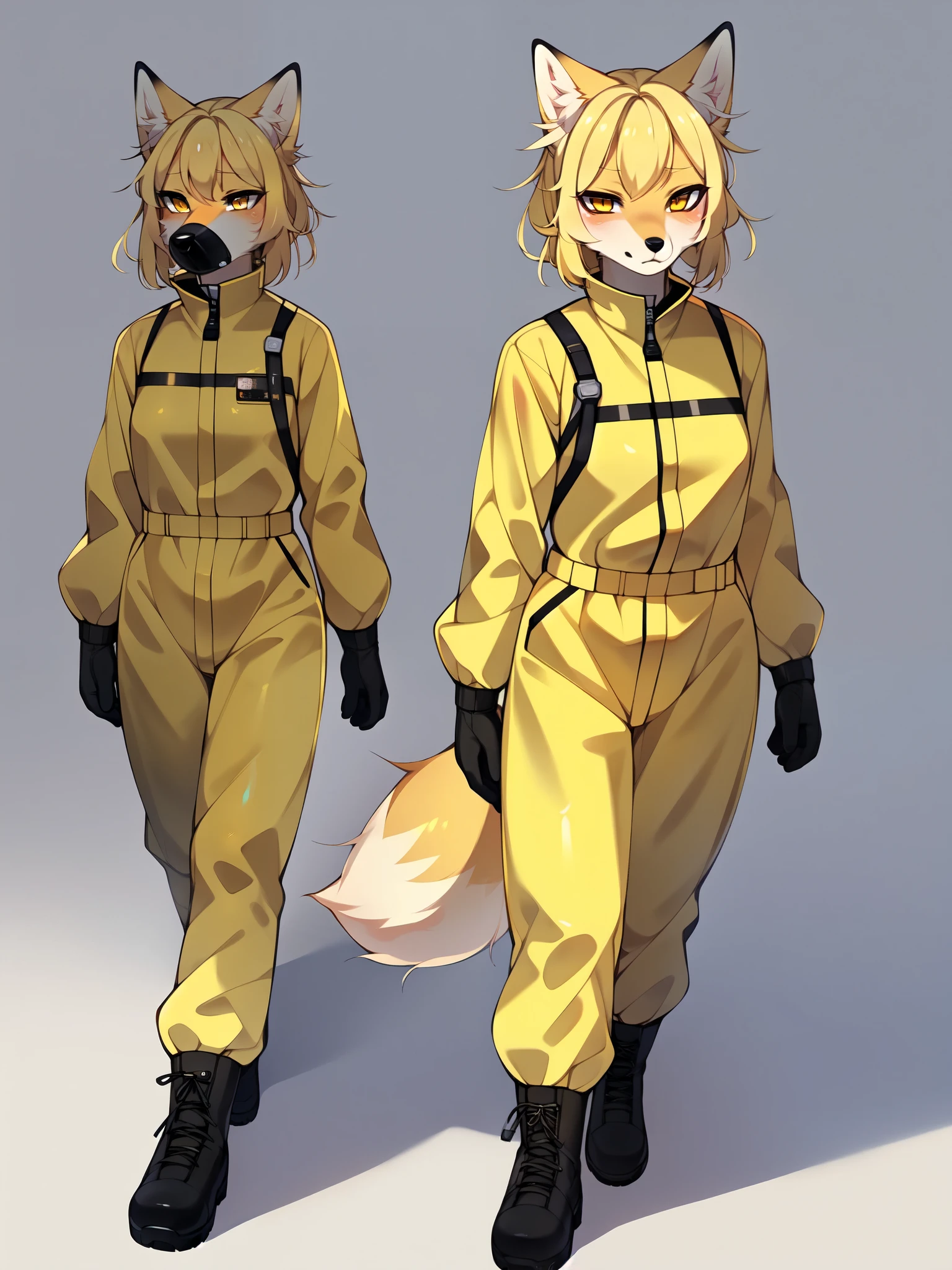 Kimiko, tan fox girl, blonde hair, yellow eyes, cute snout, black nose, wearing plain orange hazmat suit, black boots, black gloves, blank background, walking towards viewer, looking away, full body shot, by fumiko, by gudlmok99, worried expression, holding walkie talkie