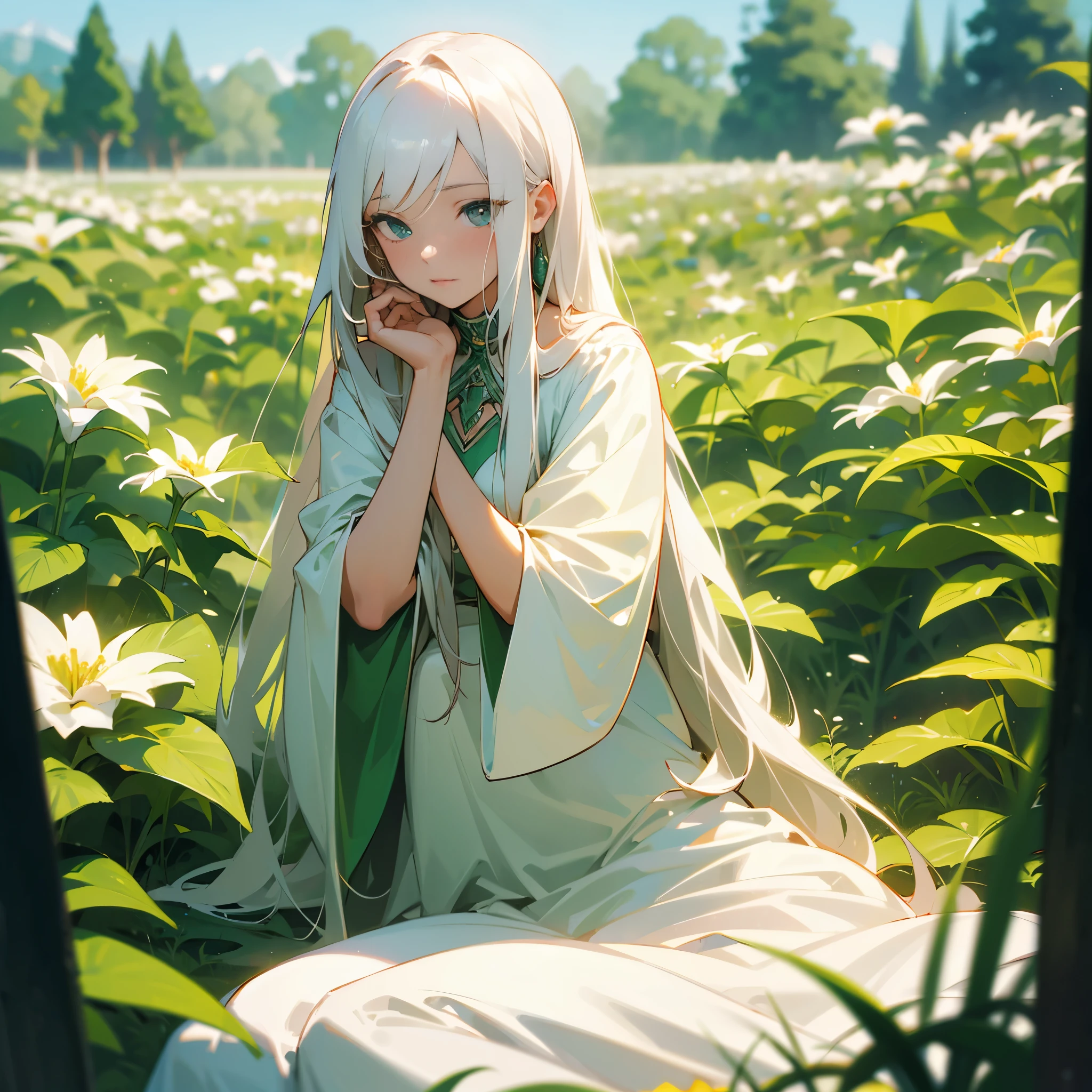 (masterpiece, best quality),1girl with long white hair sitting in a field of green plants and flowers, her hand under her chin, warm lighting, white dress, blurry foreground