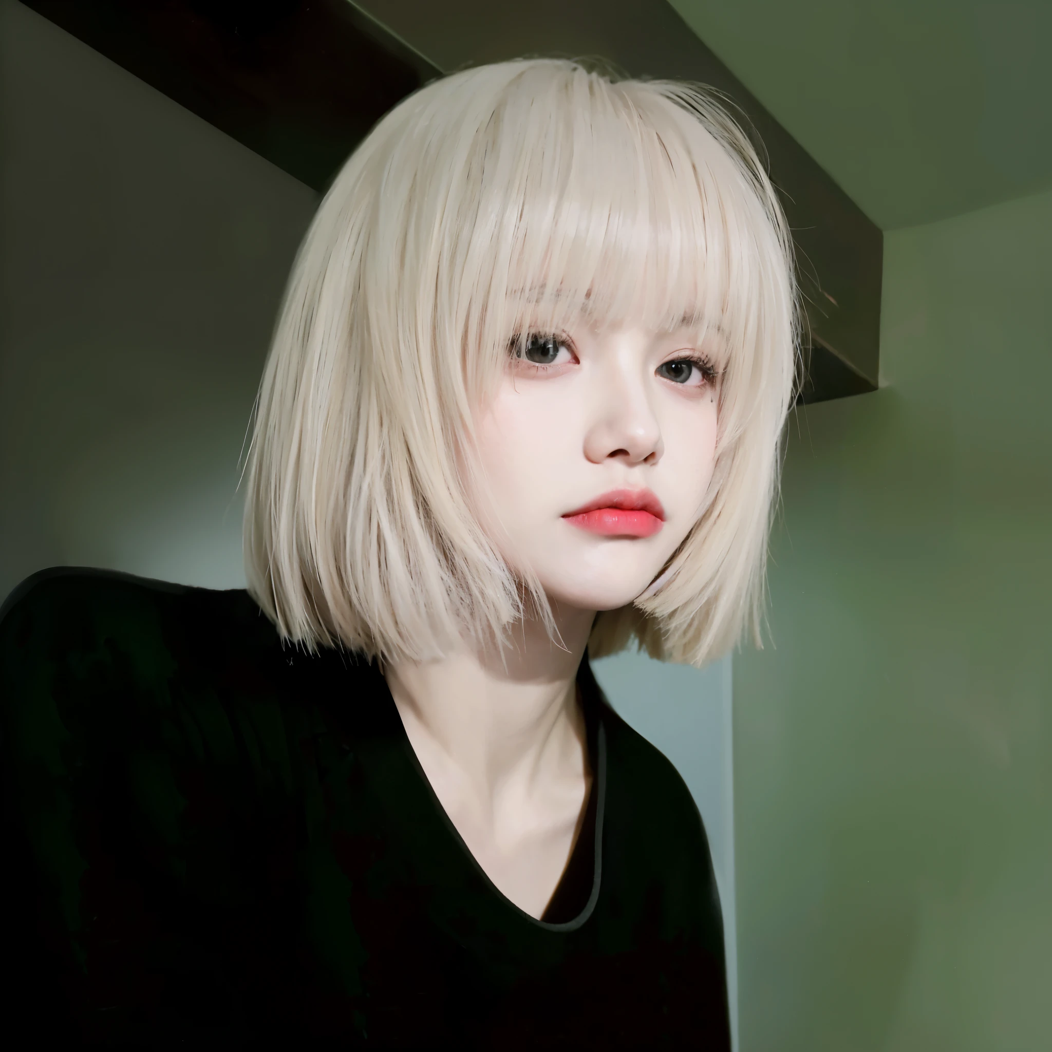Blonde girl with black shirt and red lipstick, Baiji haircut hairstyle, short hair, white bangs, Ji Qie, Pale hair, hair whitebangs hair, 白色short hair女孩, extremely pale blond hair, Urzan, very very pale blond hair, Blackpink Josie's Portrait, woman portrait like reol, short hair with bangs,