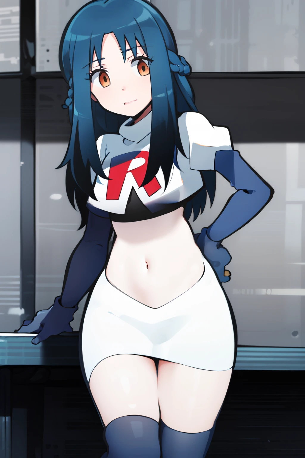 masterpiece, highres, 1girl,   black hair, brown eyes, long hair, team rocket,team rocket uniform, red letter R, white skirt,white crop top,black thigh-highs,black elbow gloves