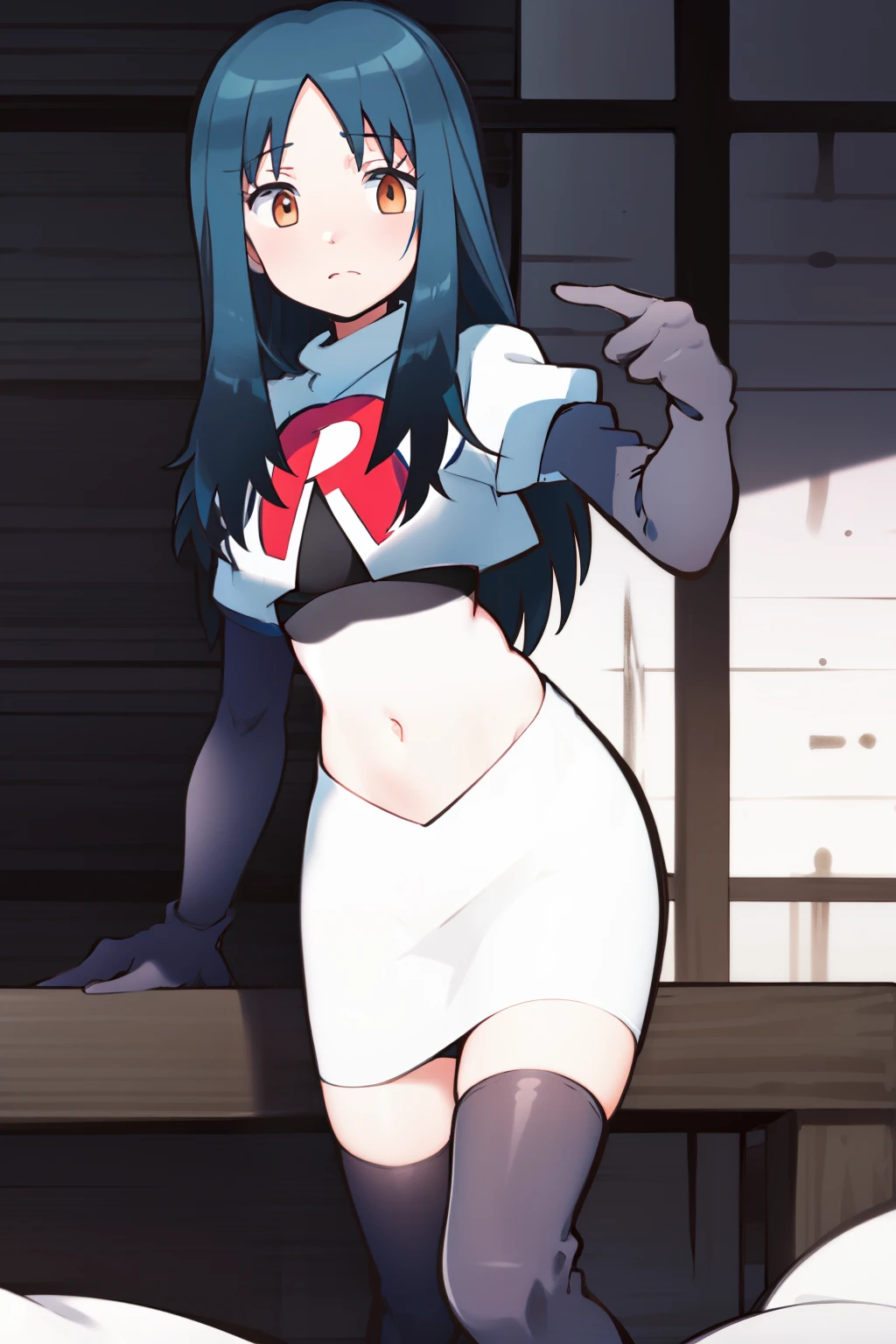masterpiece, highres, 1girl, black hair, brown eyes, long hair, team rocket,team rocket uniform, red letter R, white skirt,white crop top,black thigh-highs,black elbow gloves