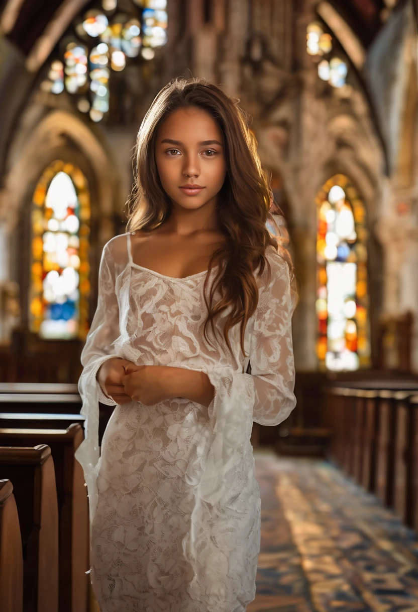 Alluring 20 year old woman, {face of a  girl, brown hair, smooth caramel skin, breasts of a 14 year old belly, bulging pelvis, thick pussy lips,] standing naked in a church, full body shot face to knees ((Very detailed face, detailed body, best quality, masterpiece, dramatic light))