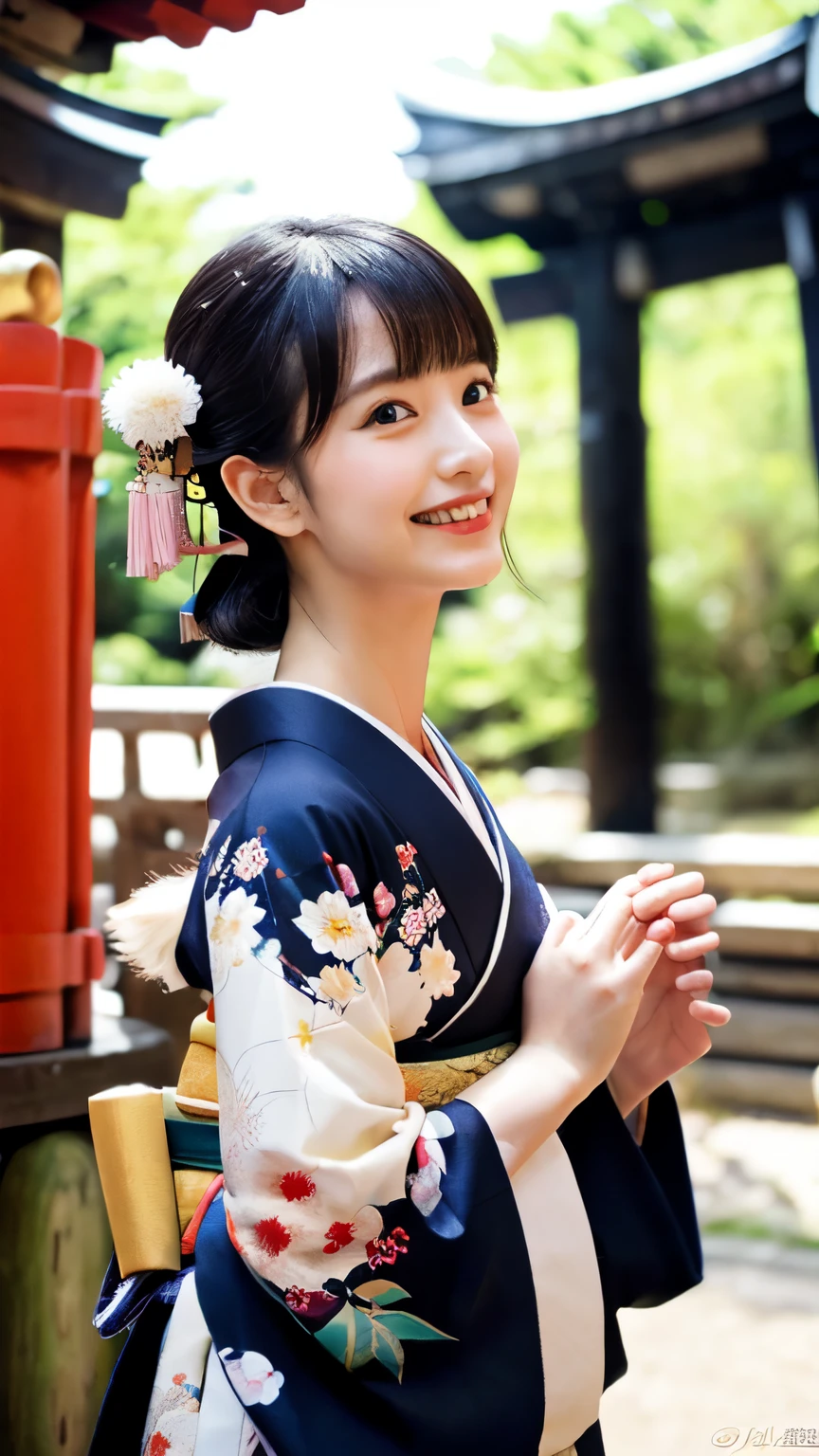 (realistic:1.3), in detail, quality, Rembrandt&#39;s light masterpiece:1.2), (photorealistic:1.2), (best quality), (fine skin:1.3)、bangs、black haired、Kyo Yuzen、(kimono, Furisode、Japanese style floral pattern:1.5)、(Super cute face with idol style:1.4)、slim and beautiful body、beautiful breasts、laughter、Full body Esbian:1.2、fur trim:1.3、(bright sunny day, Japanese shrines, null, torii:1.3),