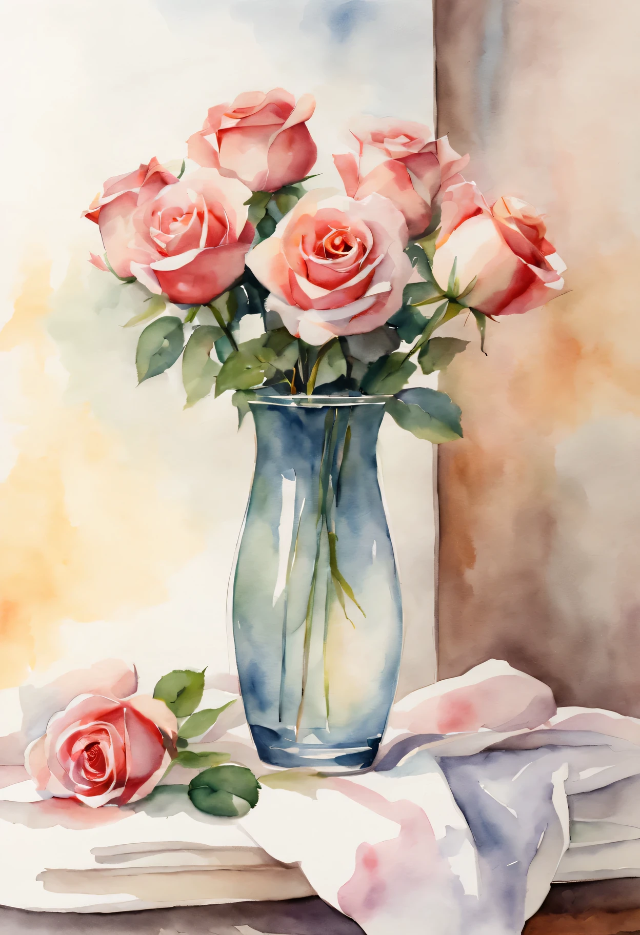 watercolor art：Beautiful roses in vase in bedroom