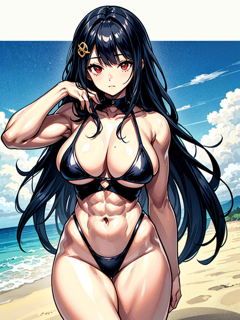 （（（masterpiece、Highest image quality、highest quality、highly detailed unity 8ｋwallpaper）））、（（Illustration of one girl））、（（（beautiful girl）））、（（black hair：1.4、straight hair、Very Longhair、golden hair ornament、red eyes、nook：1.3））、（tall：1.3、stocky build：1.6, thickset physique：1.3, muscular legs, broad shoulders：1.3, solid chest：1.3）、swimsuit、sandy beach