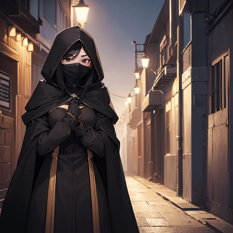 (((1 Woman with a hood covering her face and a mask, with a black cloak covering her body)),((black hair)),black eyes, bare and protruding breasts and small, standing a tight alley at night