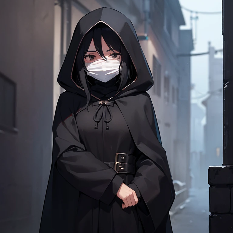 (((1 Woman with a hood covering her face and a mask, with a black cloak covering her body)),((black hair)),black eyes, bare and protruding breasts and small, standing a tight alley at night