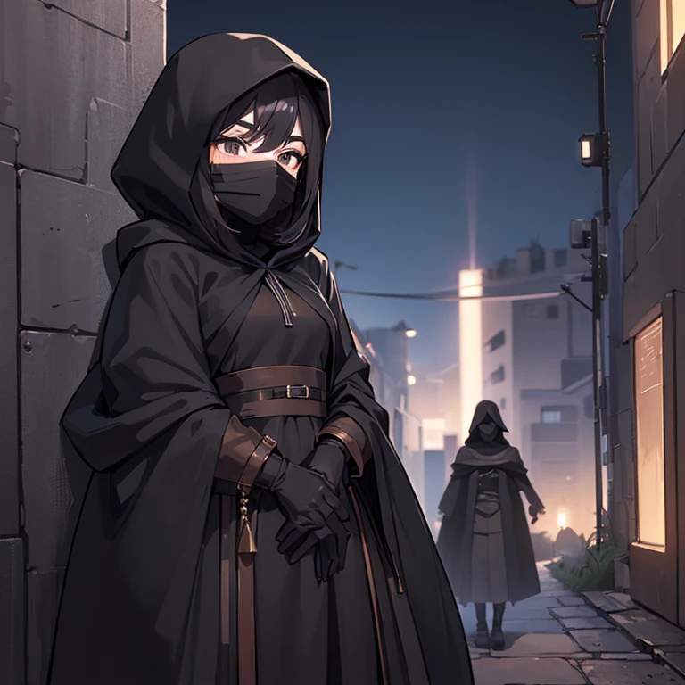 (((1 Woman with a hood covering her face and a mask, with a black cloak covering her body)),((black hair)),black eyes, bare and protruding breasts and small, standing a tight alley at night