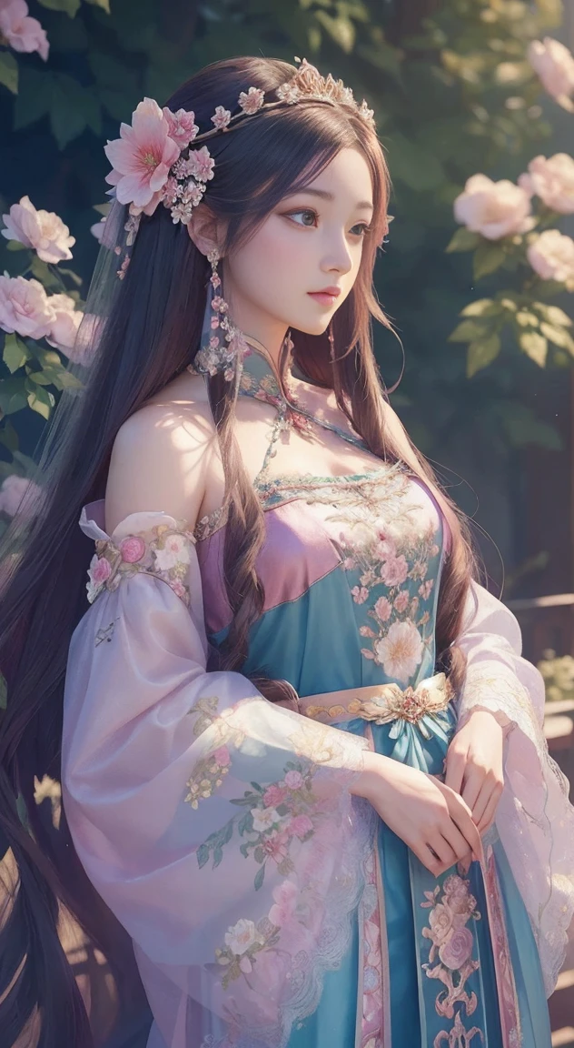 anime girl with long hair and flowers in her hair, beautiful fantasy empress, palace ， girl wearing hanfu, ((Beautiful Fantasy Empress Jan J, Written by Li Song, beautiful digital artwork, beautiful digital illustrations, beautiful character drawings, trending on cgstation, Beautiful artwork illustration, Gviz-style artwork, Gviz