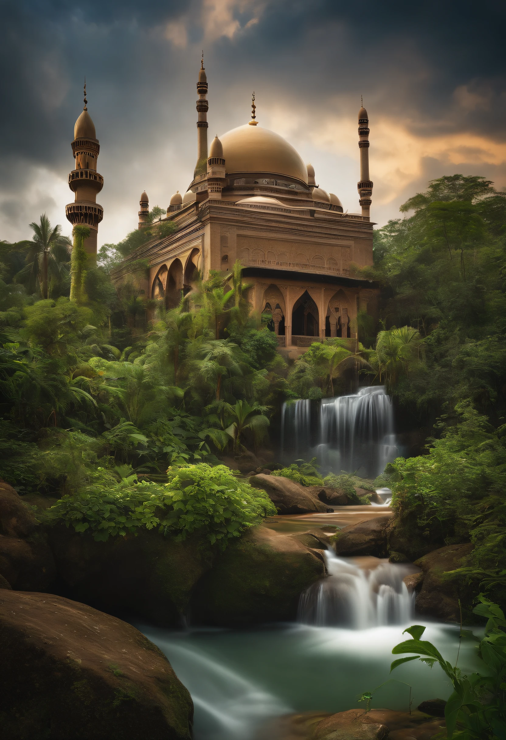 A very detailed photography of an islam mosque in the jungle, many waterfalls, dramatic sky, wild plants and flowers, iperrealistic