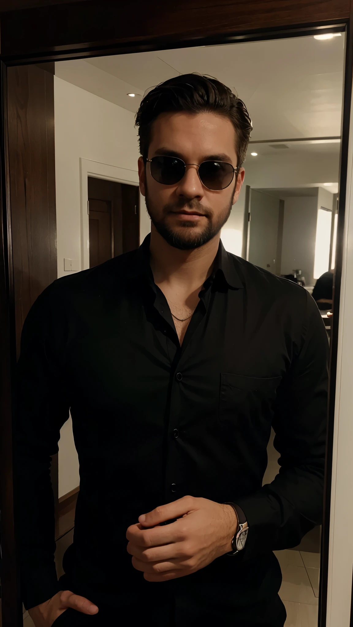 selfie in the mirror, realistic photo, guy in a black suit and shirt, watch in hand, phone in hand taking a selfie through the mirror, hispaniola beard, side-trimmed hairstyle, black glasses, one hand in pocket, dark background, dark lighting, black sunglasses, hand in pocket, iPhone in hand
