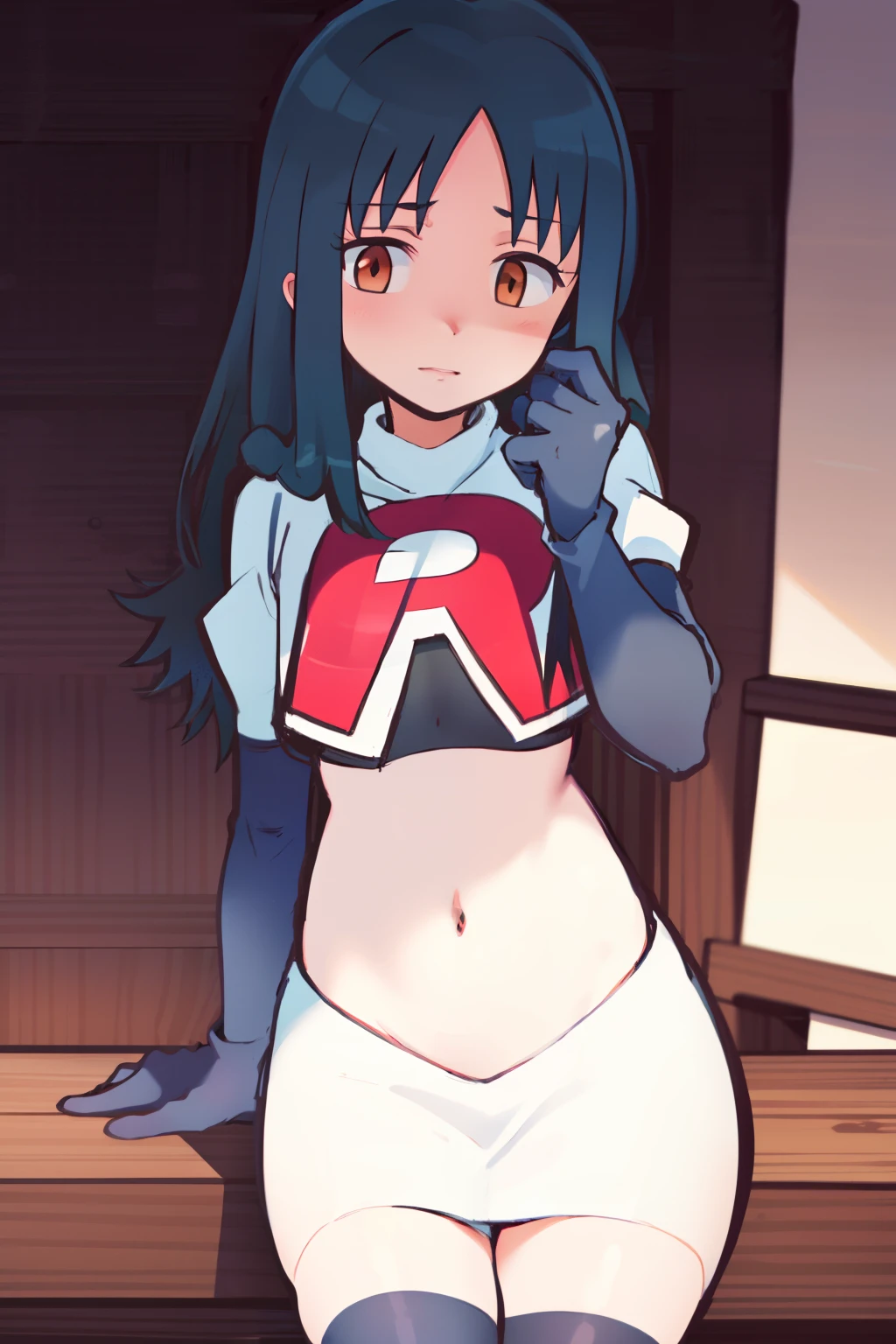 masterpiece, highres, 1girl,   black hair, brown eyes, long hair, team rocket,team rocket uniform, red letter R, white skirt,white crop top,black thigh-highs,black elbow gloves