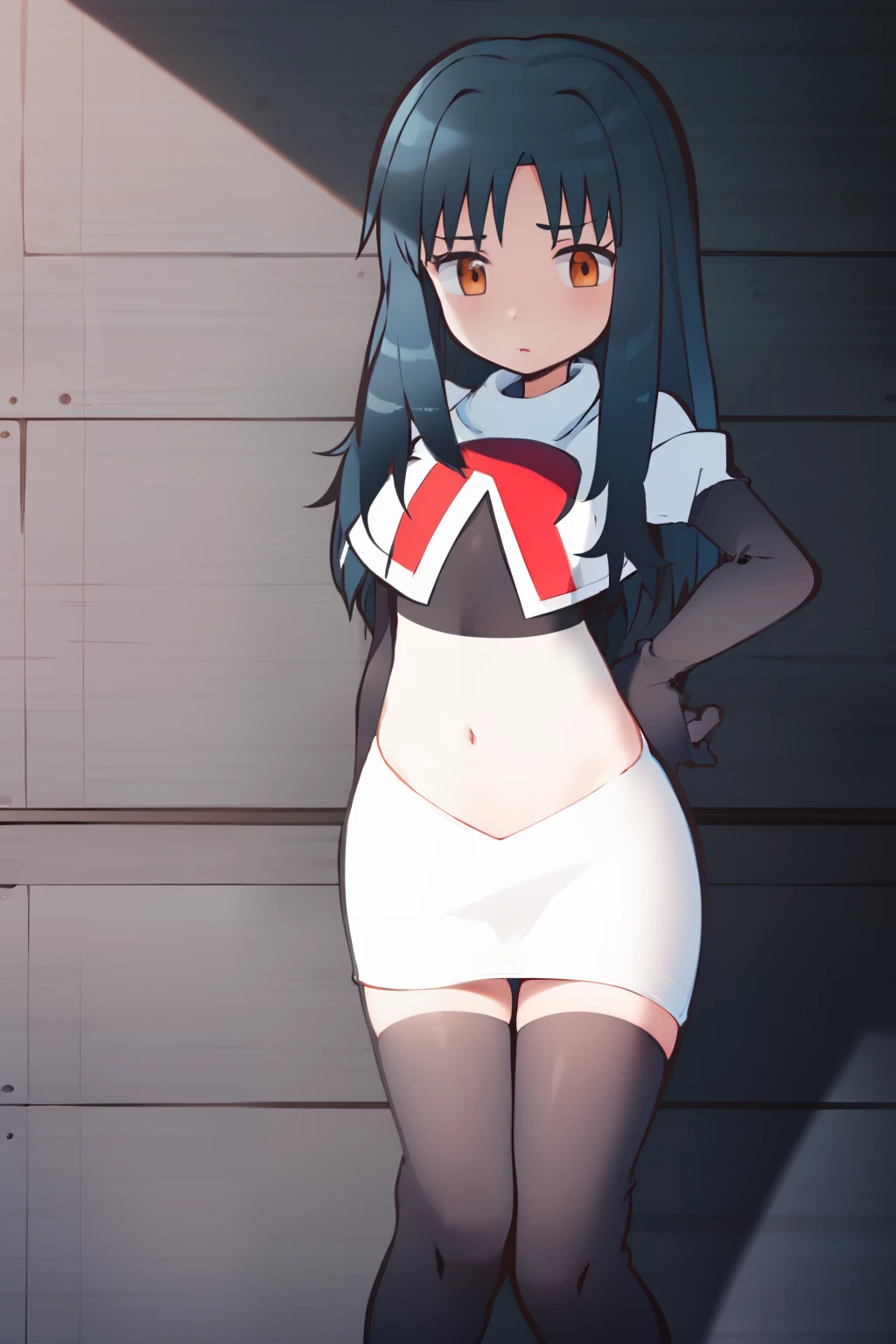 masterpiece, highres, 1girl, black hair, brown eyes, long hair, team rocket,team rocket uniform, red letter R, white skirt,white crop top,black thigh-highs,black elbow gloves