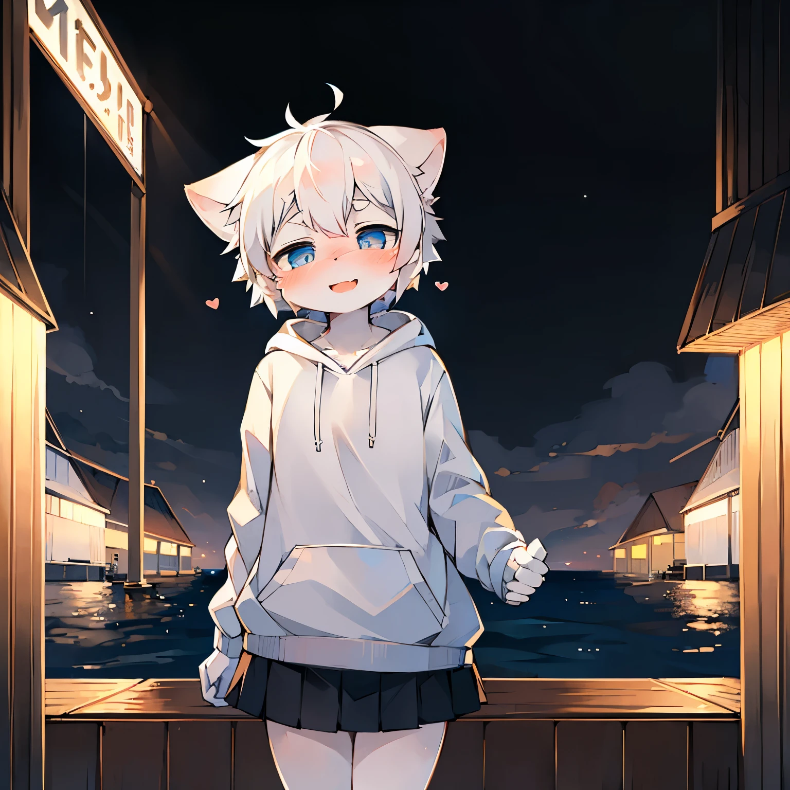 Solo, kemono, femboy, white hair, light blue eyes, wear white hoodie, wear black skirt, blushes, smile open mouth, stand on pier, ocean behind, yacht and boat on ocean background, high details, night time