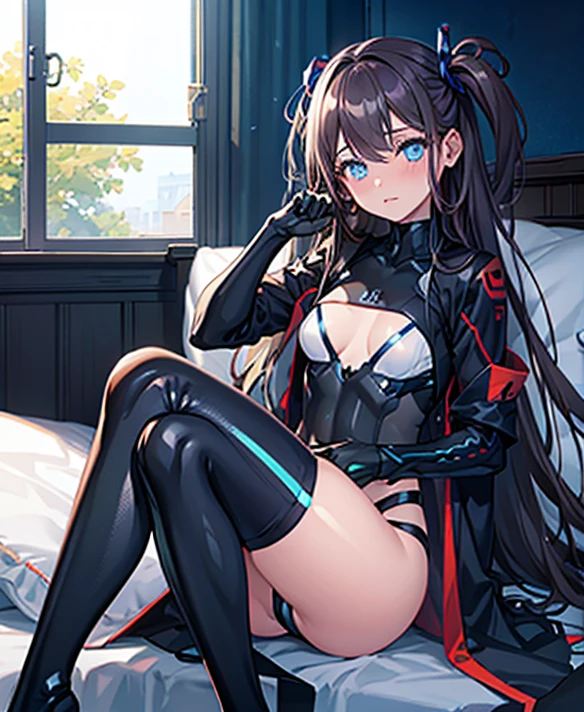 table top, highest quality,sleeping face up in bed,Crab crotch,please show me your boots,thigh high boots,glove,Strange thieves,elegant, 1 girl, muscular,cute, blushed, looking at the viewer, from below,body suit, prison,blue eyes, beautiful eyes, beautiful background, particles of light, Light of the sun, dramatic lighting, outside, shiny, realistic, table top, highest quality, super detailed, be familiar with, scenery, beautiful and fine eyes, fine hair