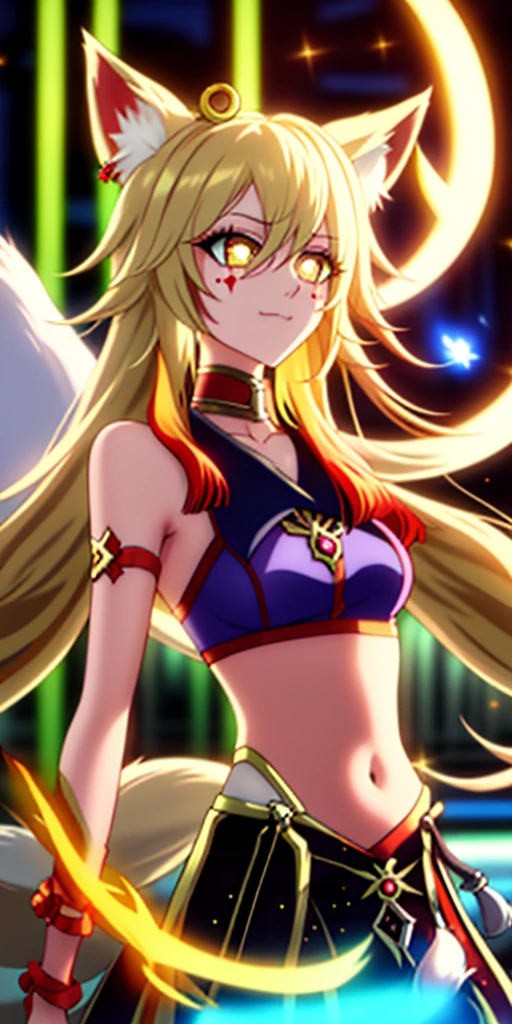 k/and_ahri, 1 girl, ahri (League of Legends), , animal ears, blonde hair, alone, fox ears, k/and (League of Legends), long hair, split, Tail, Beard markings, looking at the audience, facial markings, collar, large , shoulder, fox Tail, jewelry, yellow eyes, Upper body, multiple Tails, Bangs, shining, clavicle, cover navel, earrings