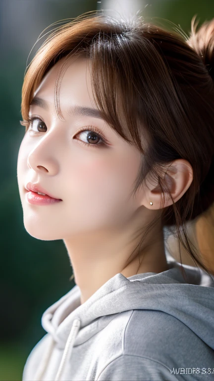 (RAW photo, best quality),(realistic, photo-realistic:1.3), masterpiece, an extremely delicate and beautiful, extremely detailed, CG, unity , 2k wallpaper, Amazing, finely detail, light smile, extremely detailed CG unity 8k wallpaper, huge filesize, ultra-detailed, highres, absurdres, soft light, ponytail, short bang, brown hair, floating hair novafrogstyle, beautiful detailed girl, detailed fingers, extremely detailed eyes and face, beautiful detailed nose, beautiful detailed eyes, long eyelashes, light on face, looking at viewer, closed mouth, 1girl, cute, young, mature face, full body, small breasts, realistic face, realistic body, beautiful detailed thigh, ulzzang-6500-v1.1, koreanDollLikeness_v15, costume : hoodie, black eyes