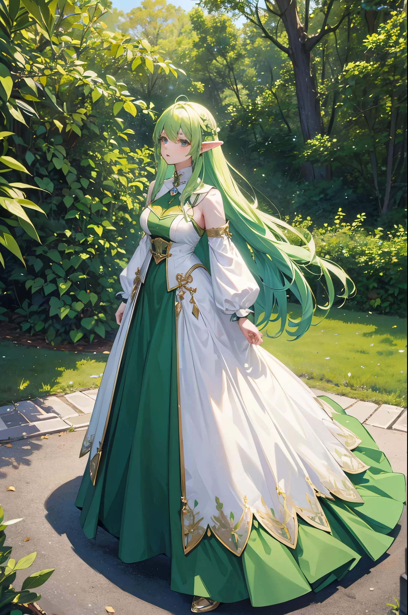 1 woman, elf, light green hair, long hair, ballroom gown, standing on ground, high res, ultra sharp, 8K, masterpiece