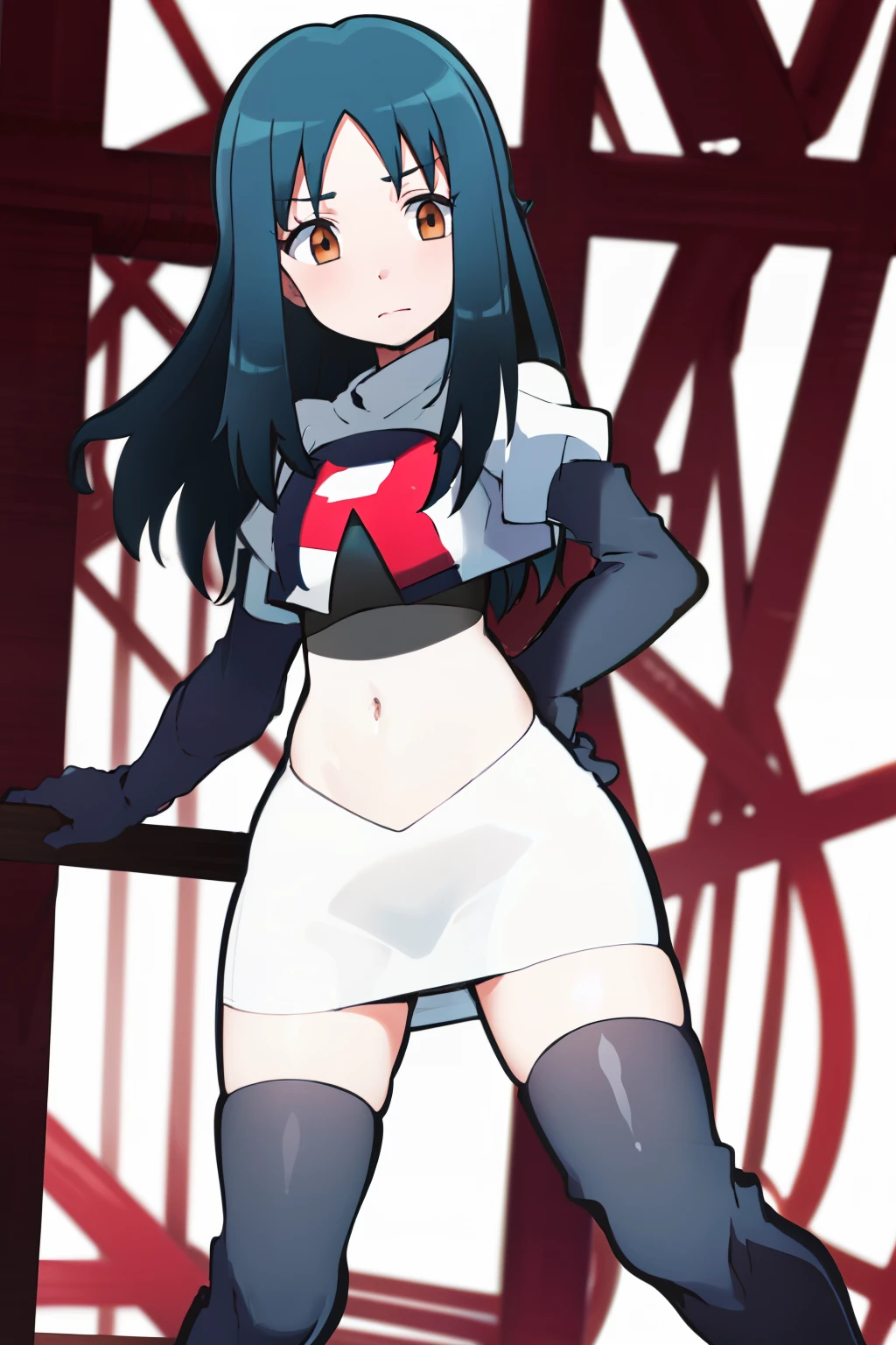 masterpiece, highres, 1girl,   black hair, brown eyes, long hair, team rocket,team rocket uniform, red letter R, white skirt,white crop top,black thigh-highs,black elbow gloves