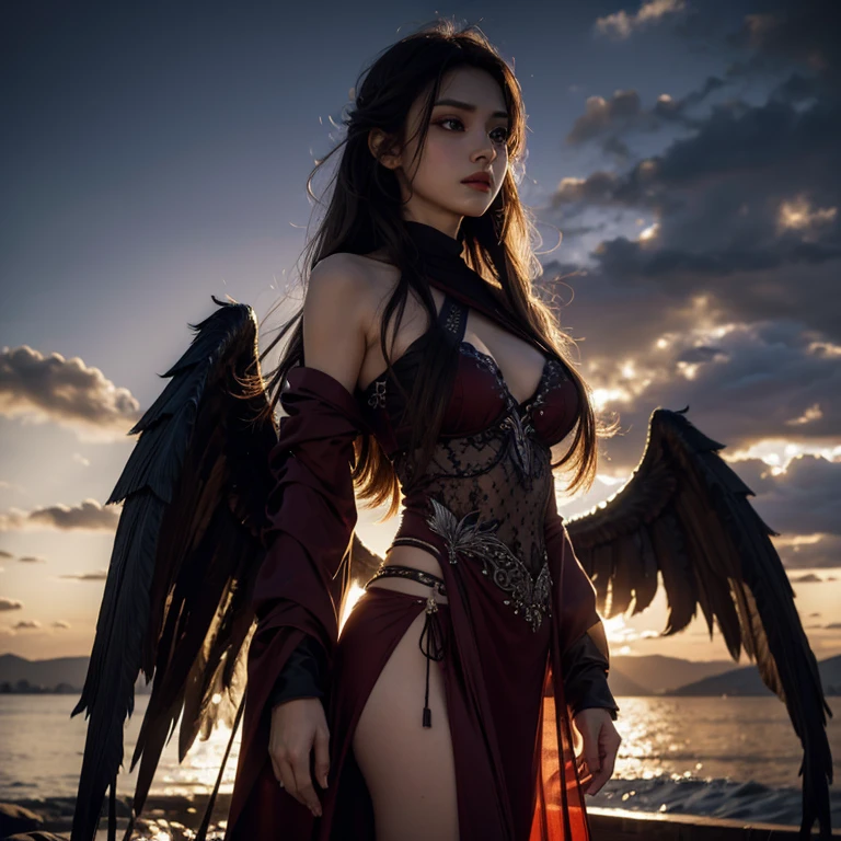 (highly detailed CG unity 8k wallpaper, masterpiece, best quality, very detailed, beautiful eye details: 1.2), best lighting, (best shadows, very delicate and beautiful blooms), 1 grille, solo, red eyes, Thin clothes transparent, long hair, holding an eggplant, Angel wings, black wings, (big wings: 1.4),