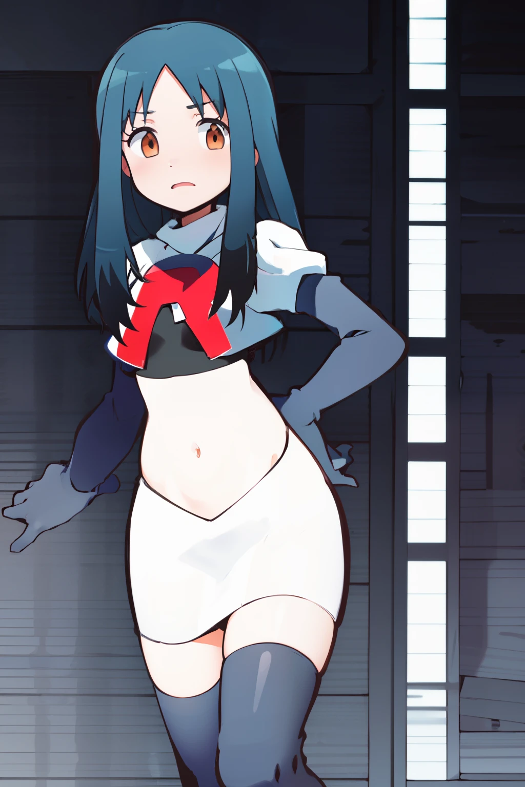 masterpiece, highres, 1girl, black hair, brown eyes, long hair, team rocket,team rocket uniform, red letter R, white skirt,white crop top,black thigh-highs,black elbow gloves