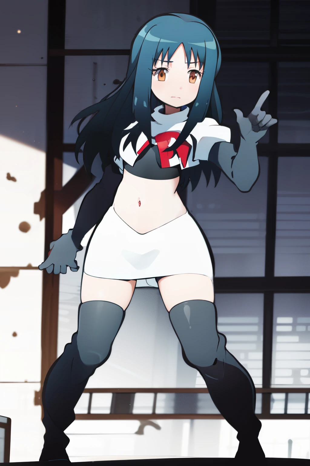 masterpiece, highres, 1girl,   black hair, brown eyes, long hair, team rocket,team rocket uniform, red letter R, white skirt,white crop top,black thigh-highs,black elbow gloves