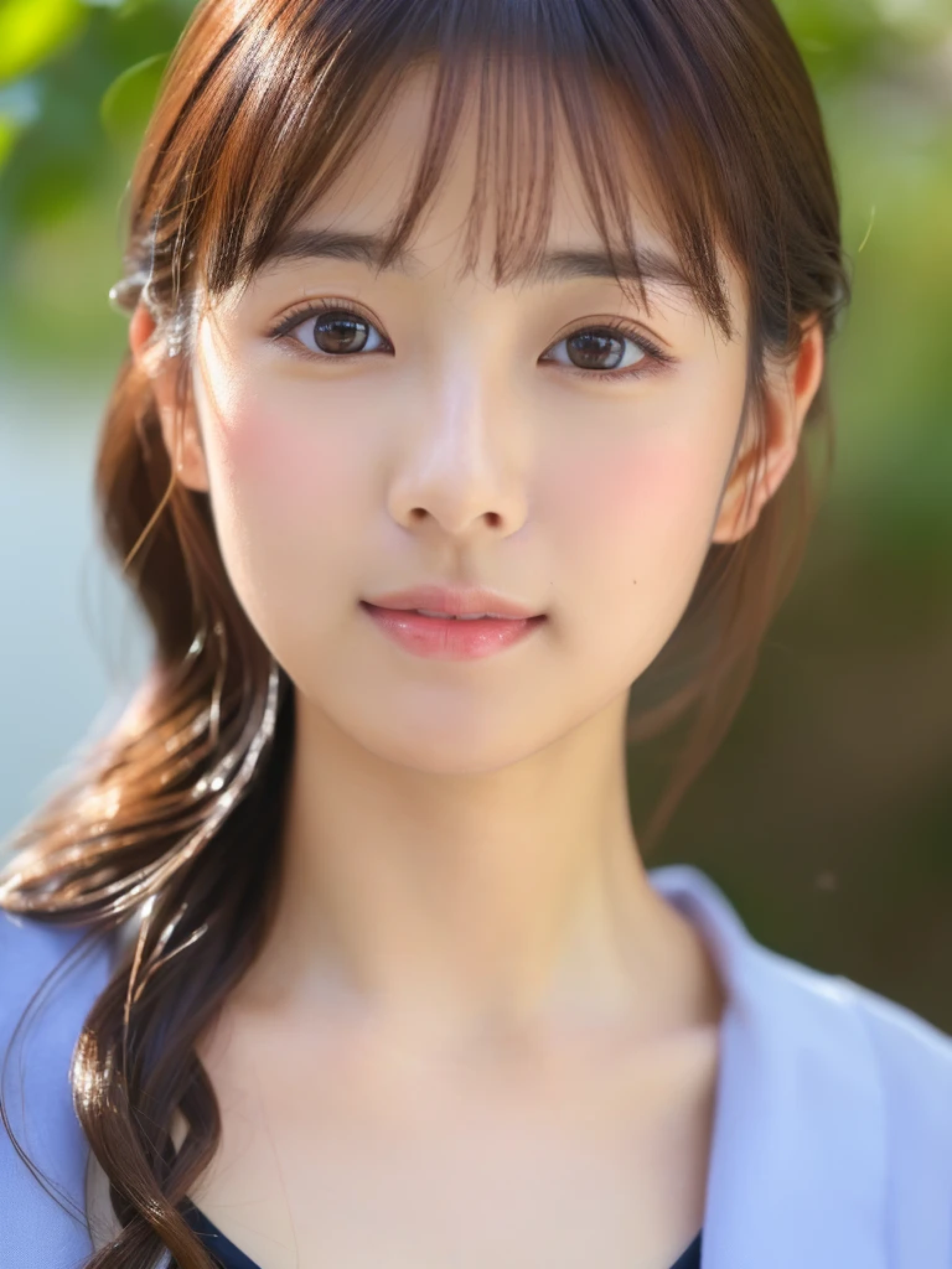 ((cute日本の女の子、beautiful japanese girl、1 girl、clear、19 years old、ponytail、Highly detailed face and skin texture、refinement、super detailed face、highly detailed eyes、Lee Hong、blush、cheek、ピンクのcheekを塗ったcheek、close-up of woman、 from the neck up、 Close to the camera、 positive face、Forward-facing body、look at the camera、front、cute、smooth white skin、Transparent skin texture、))、(dark brown hair、bangs)、beautiful woman with perfect style:1.4、japanese model、young gravure idol、若いcuteグラビアアイドル、Realistic young gravure idol、refinementされたグラビアアイドル、((highest quality、8K、masterpiece:1.3、1photograph))、(4K、RAWphotograph、highest quality)、(realistic、フォトrealistic:1.37)、Place someone on the other side of the screen、Natural light、