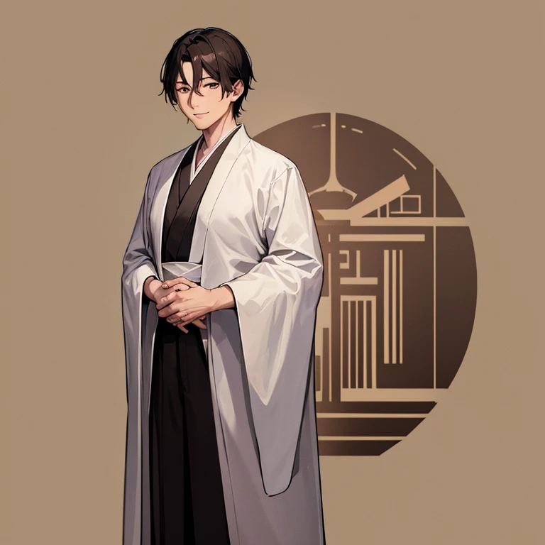 A 35 years old Japanese gentleman((in Taisho era)),, wearing a ((white dress shirt)) and ((brown)) kimono(without any decoration ), a ((black)) long mantle, a boots, a black simple hat((without any decorations)), fearless smile, has a closed Japanese traditional fan, standing with his arms folded, sharp pale green eyes, very short black hair, 