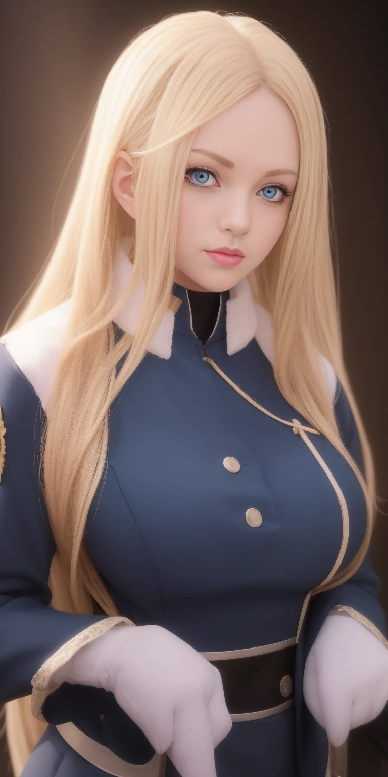 upper body, woman, olivier_mira_armstrong, blue uniform, highres, sharp focus, pixiv masterpiece, ((intricate details)), highly detailed,