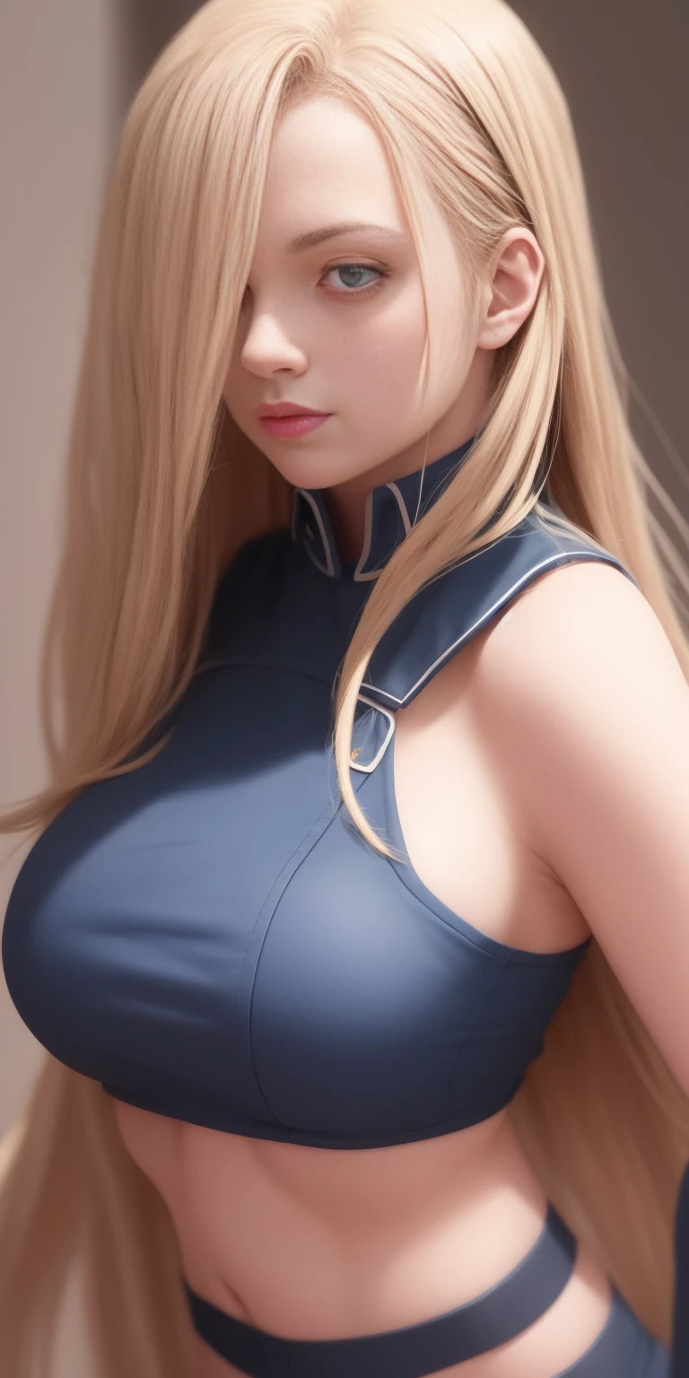 upper body, woman, olivier_mira_armstrong, blue uniform, highres, sharp focus, pixiv masterpiece, ((intricate details)), highly detailed,