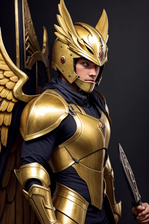 an extremely handsome young male, 18 years old, {{{lightly tanned skin with yellow eyes with athletic body}}}, {{{with golden armor}}}, {{{wings details on the helmet and the helmet and grip }}}