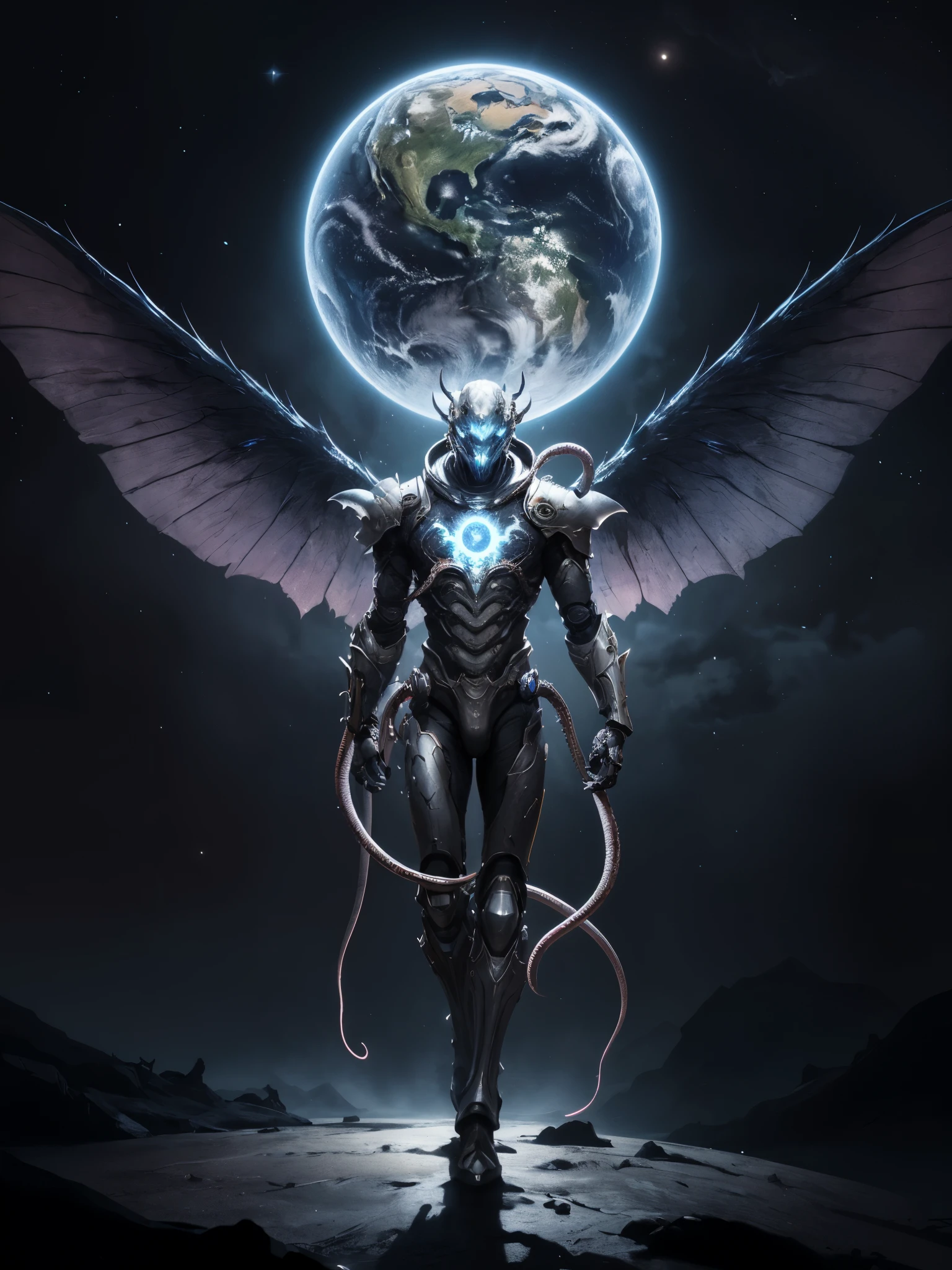 1boy, mech armor, charging pose, battlefield, rippling fire, stylized fantasy feature, intricate glowing emblem, metal wings embellishment, planet in the middle, Lovecraft universe tentacles, open space,