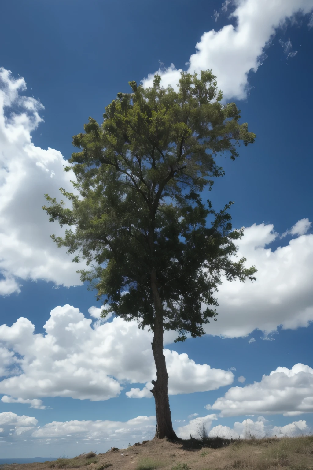 A tree in the middle,Surrounded by blue sky and white clouds,Surreal, high detail, Cinema lighting, Ray tracing, perspective, Shoot at eye level, ultra high definition, masterpiece, textured skin, 4K, best quality