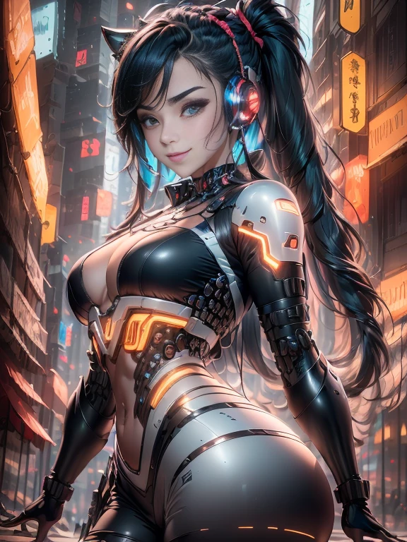 solo focus, cyborg girl, very long hair, black hair, straight hair, large knife, blood splatter, crazy grin, crazy eyes, ((psychopath girl)), looking at viewer, city at night, futuristic city, colored light, cyberpunk,mechanic body, glowing components, detaching pieces, beautiful, cybernetic aesthetic body, mecha, cyborg, bionic joints, elegant, high quality, masterpiece, best quality, vibrant colors, female, sharp focus, best quality, absurdres, ((high-resolution)), perfect anatomy, perfect face, cowboy shot,