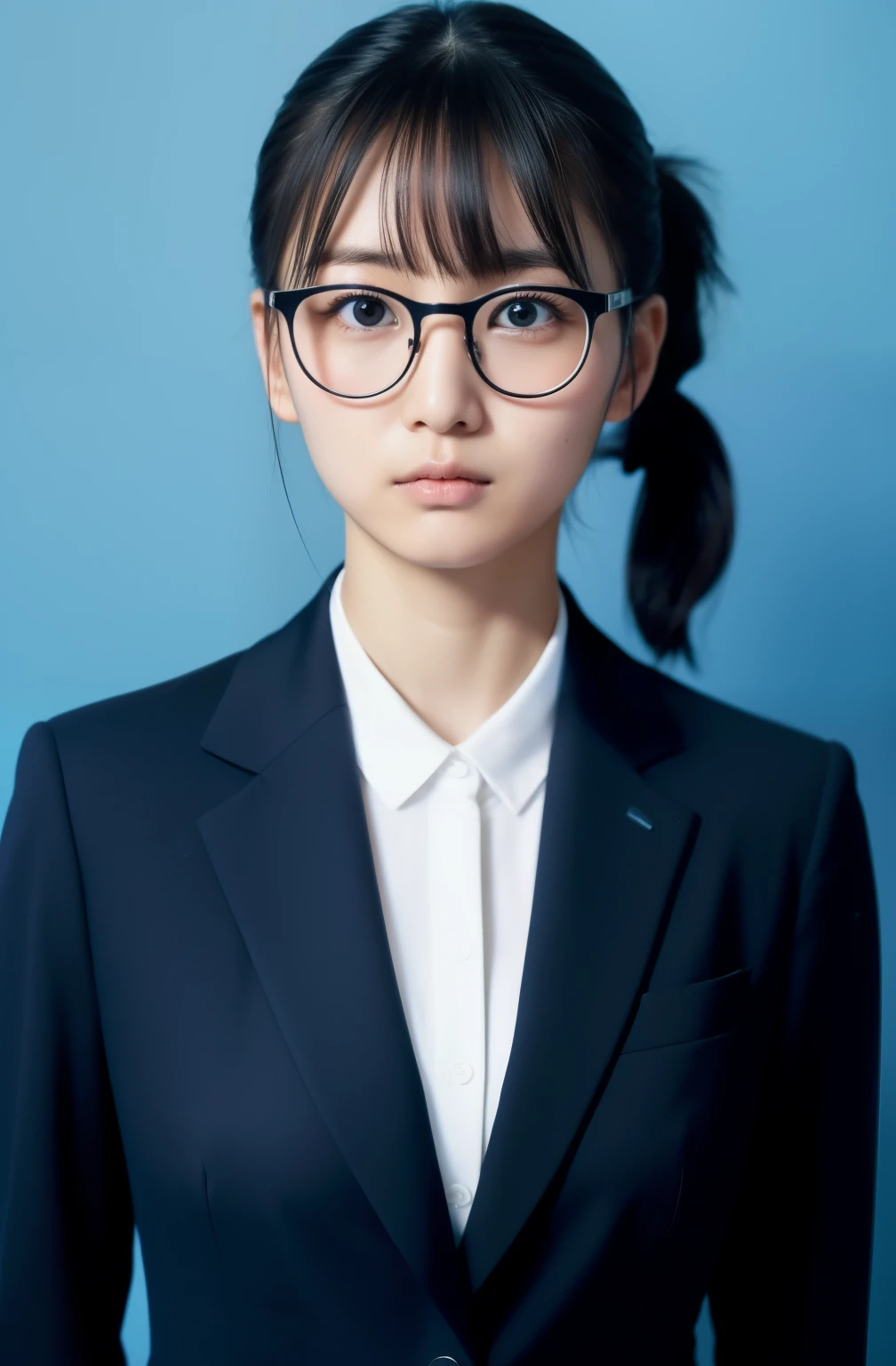 japanes、28 year old、femele、Wearing a black recruit suit、Hair tied back、Straight-down bangs、No makeup、Looks faint-hearted、light skinned、Solid blue background、Large margins、Stand straight、ID photo、Wearing glasses、There  a large margin at the top