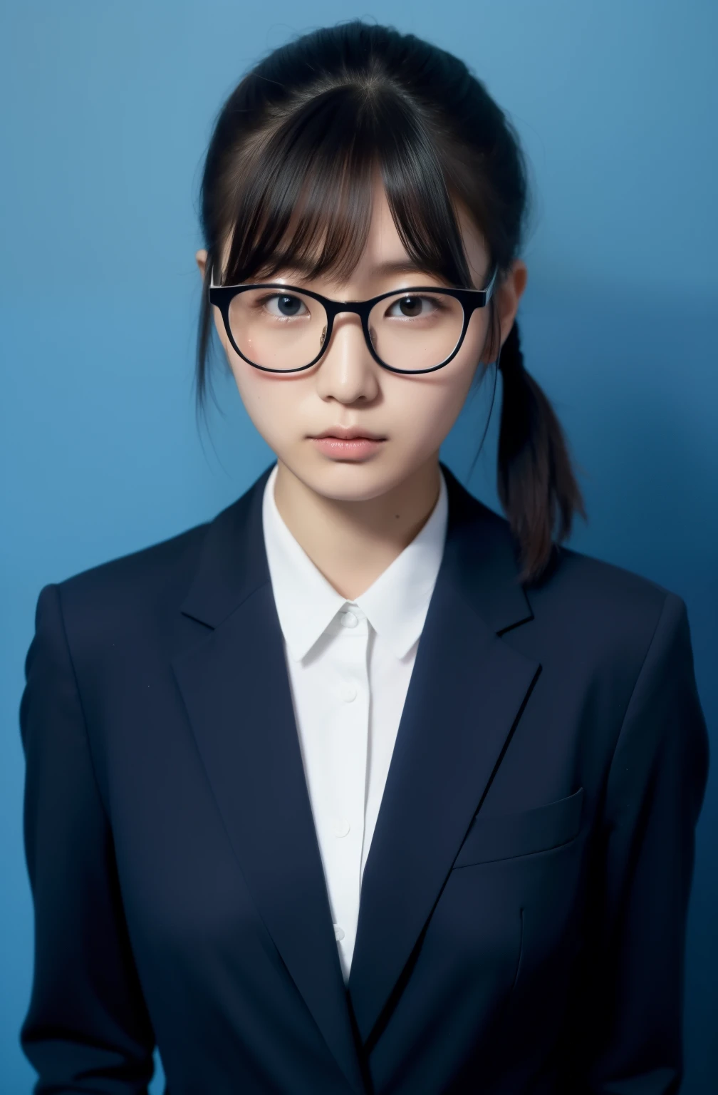 japanes、28 year old、femele、Wearing a black recruit suit、Hair tied back、Straight-down bangs、No makeup、Looks faint-hearted、light skinned、Solid blue background、Large margins、Stand straight、ID photo、Wearing glasses、There  a large margin at the top